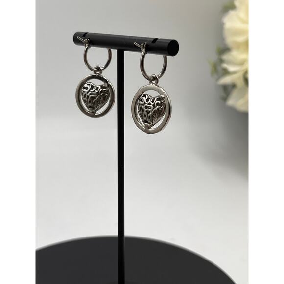 Coach Cream Enamel Logo C’s Branded Heart Small Hoop Dangle Earrings - Picture 6 of 8